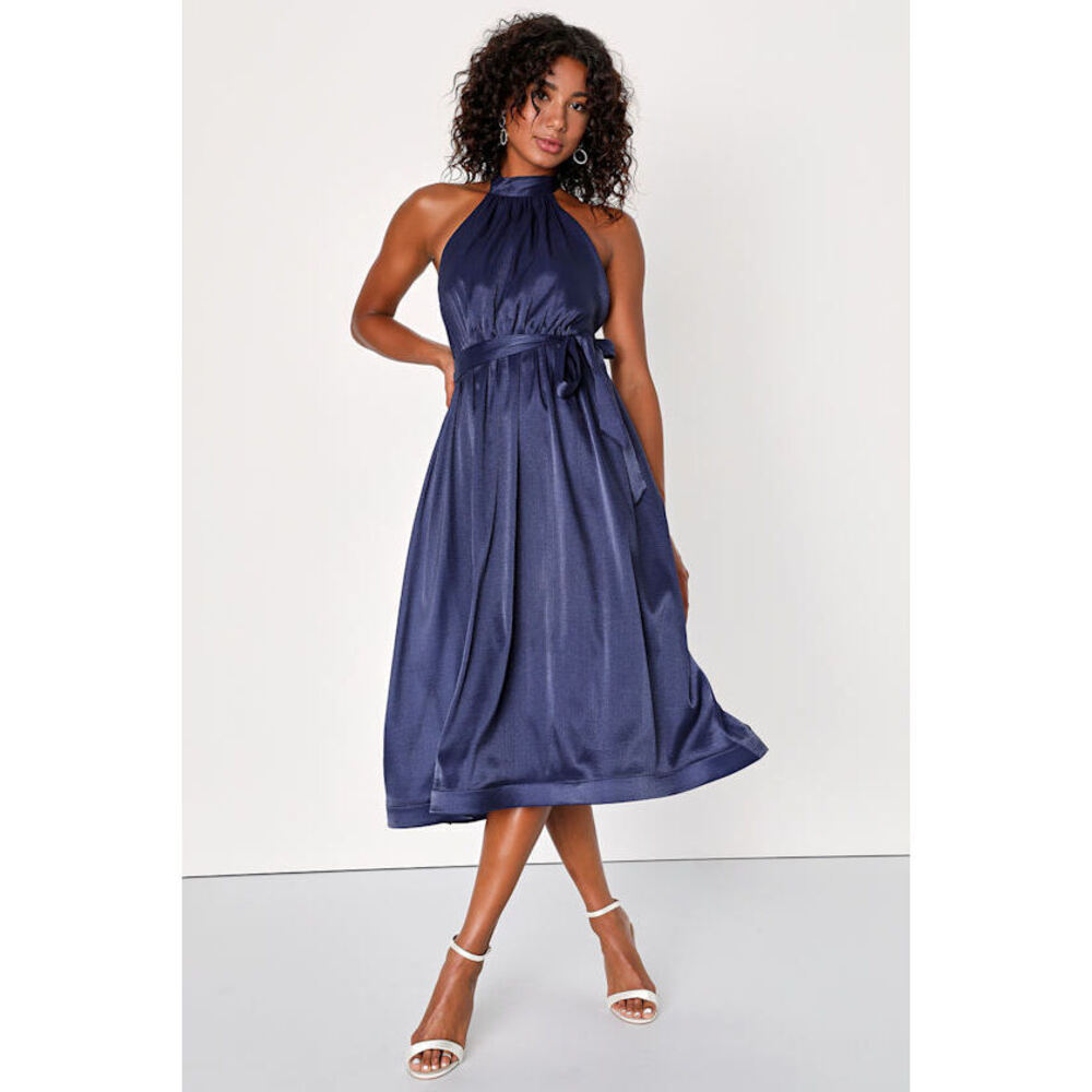 Lulus Effortless Grace Navy Blue Organza Halter Midi Dress - Size XS